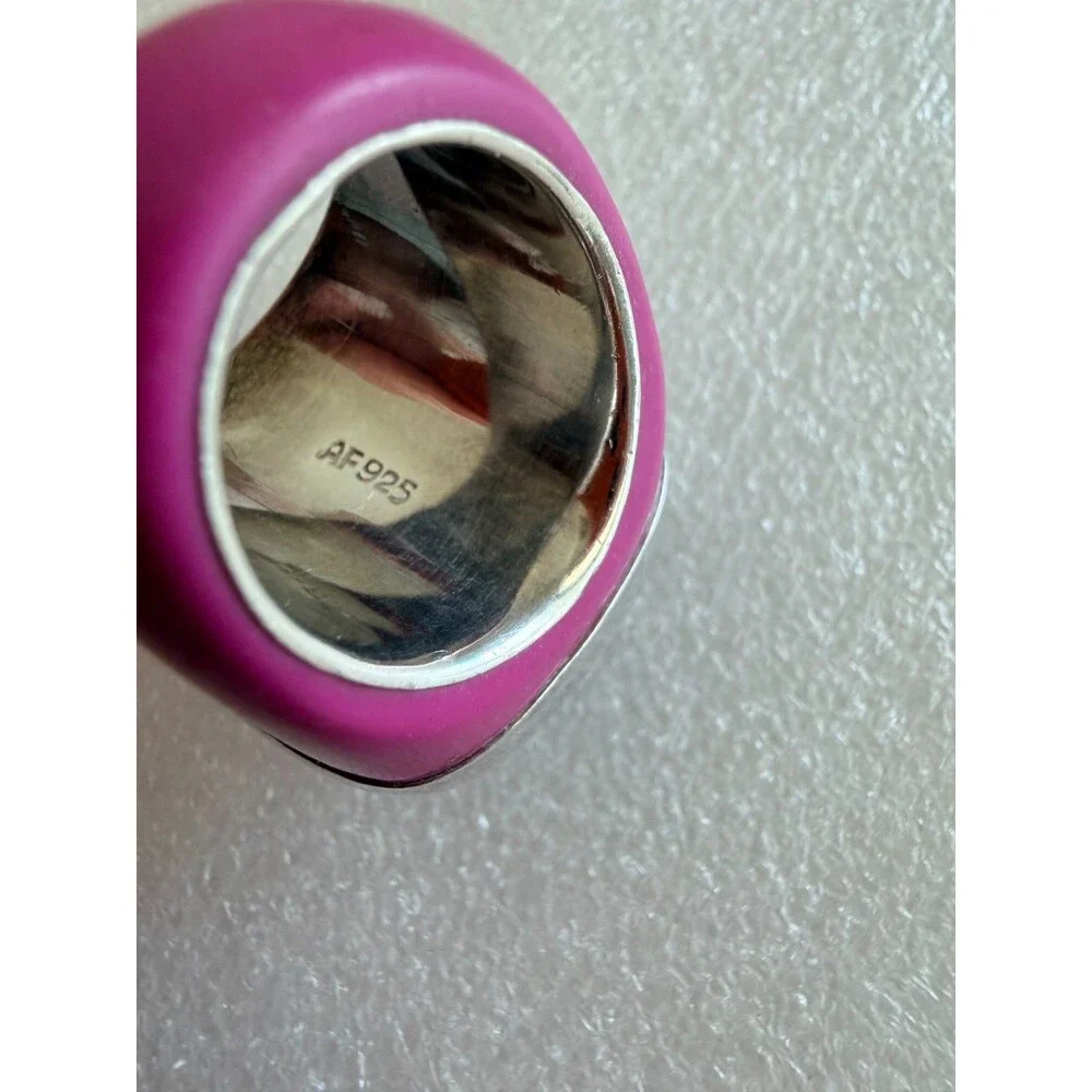 Signed AF 925 Sterling Silver Pink Resin Faceted Black Onyx Dome Ring Size 6.5